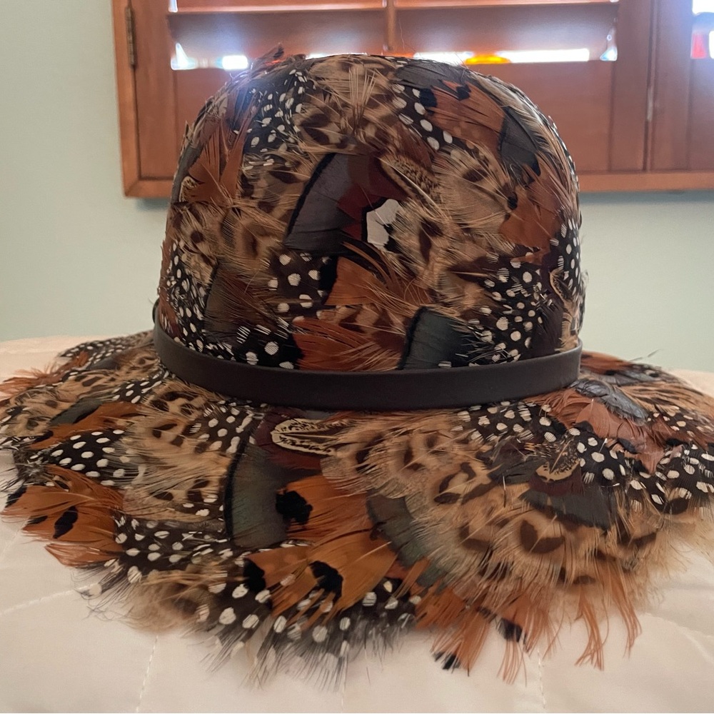 Adolfo Brown Feathered Wide-Brimmed Hat